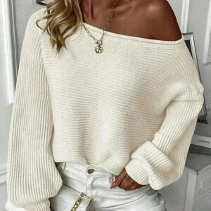 Beige Casual Women's Asymmetrical Neckline Sweater Pullover